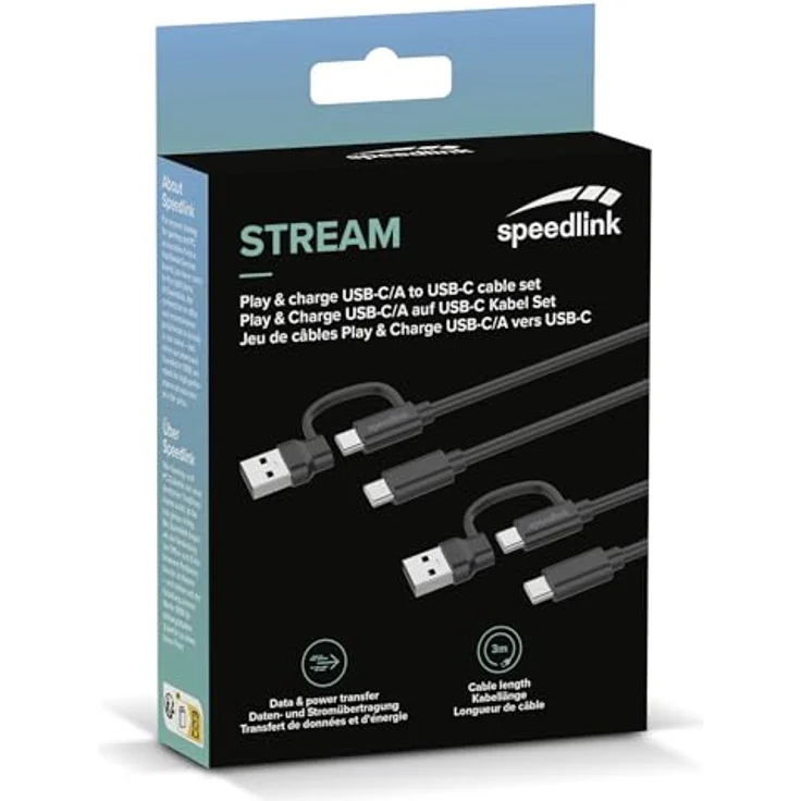Speedlink STREAM Play & Charge USB-C/A auf USB-C Kabel Set, schwarz - Flexibles Laden für PS5, Xbox und Switch Controller, kompatibel mit Smartphones und Tablets – Bild 5