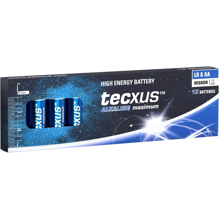 tecxus 12x Tecxus 59579 Alkaline maximum LR6/AA (Mignon) Batterie, Blau-Silber, hohe Kapazität, 1,5 V, hitze- und kältebeständig