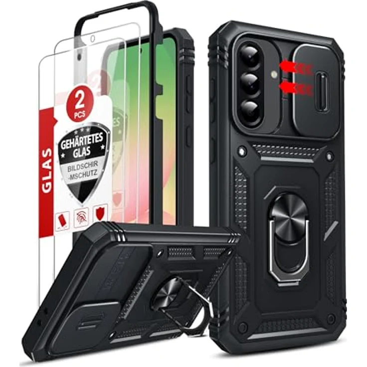 LeYi Panzerhülle für Samsung Galaxy A56 5G, Militärischer Schutz mit Ständer und Schiebefenster, Schwarz – Bild 1