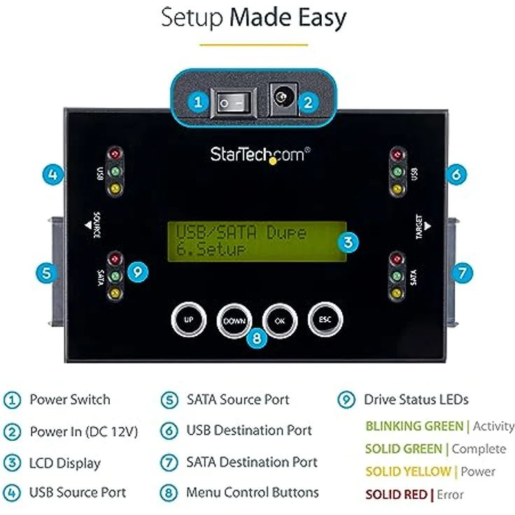 StarTech.com 1:1 Selbständige Festplatten Klonstation und Löscher, USB Stick und SATA HDD/SSD Disk Kloner und Löscher, LCD Bildschirm, TAA konform, OS unabhängig (SU2DUPERA11) – Bild 4