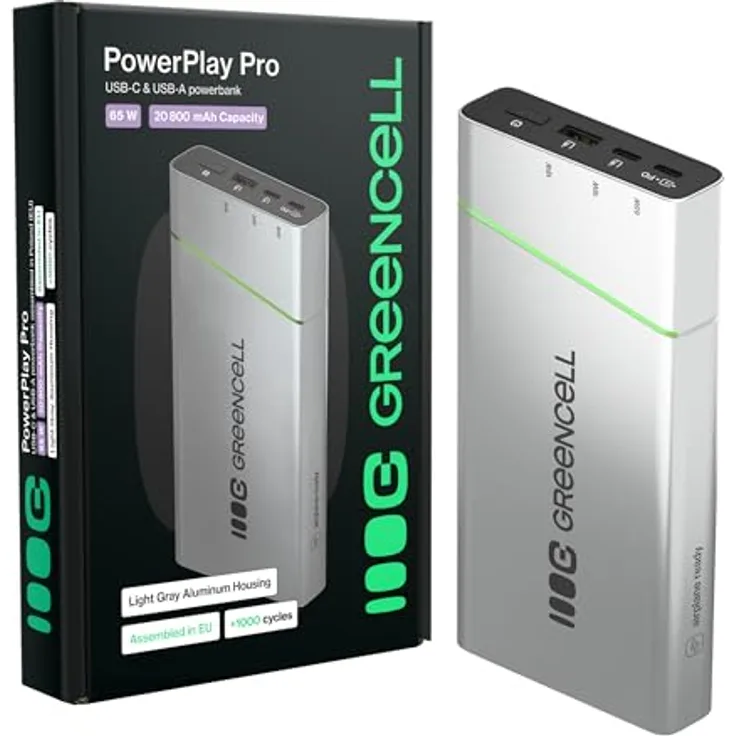 Greencell PowerPlay Pro, Powerbank 20800mAh 65W mit 2x USB-C PD und 1x USB-A, Schnellladung für MacBook, iPhone 16/15/14 Pro Max, airline approved, ideal für Reisen