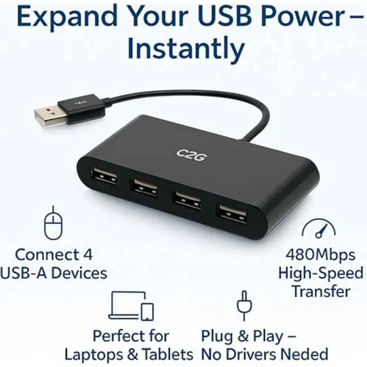 C2G 4-Port USB-A 3.0 Hub, SuperSpeed USB 5Gbps, kompakt und tragbar, Plug-and-Play – Bild 2