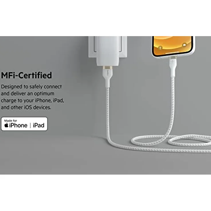 Belkin BoostCharge Pro Flex geflochtenes USB-A/Lightning-Kabel, 1 m, MFi-zertifiziertes Ladekabel für iPhone 14/14 Plus, 13, 12, Pro, Max, mini, SE, iPad und andere Geräte – Weiß – Bild 3