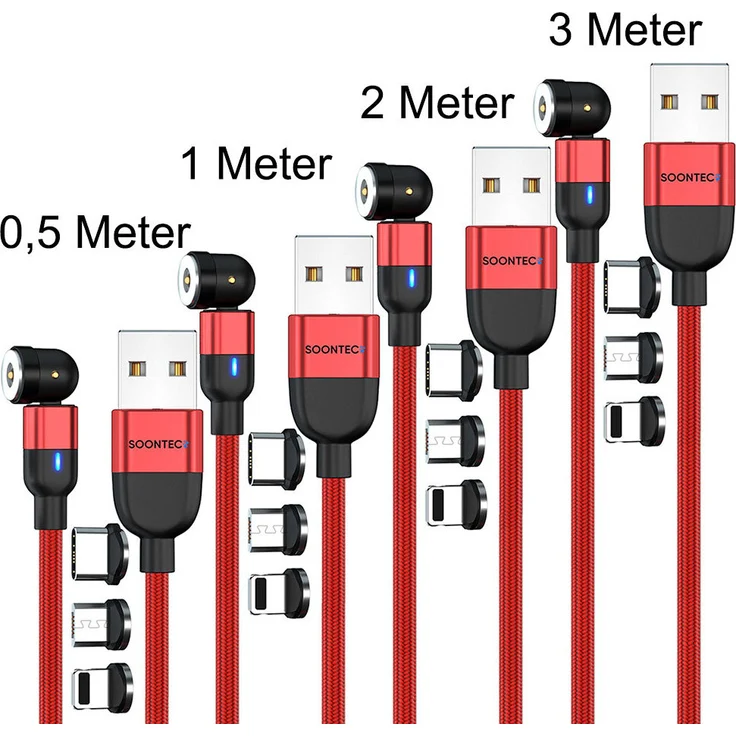 SOONTEC Magnet Ladekabel 4er Set, drehbar 360° & 180°, mit 12 magnetischen Steckern (Micro USB, USB-C, Lightning), 0,5m + 1m + 2m + 3m, rot