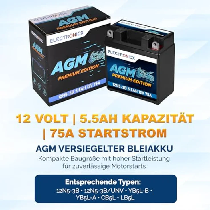 Electronicx AGM-12N5-3B, AGM Motorradbatterie 5.5Ah 12V, wartungsfrei, auslaufsicher, rüttelfest für Motorräder, Roller und Quads – Bild 5