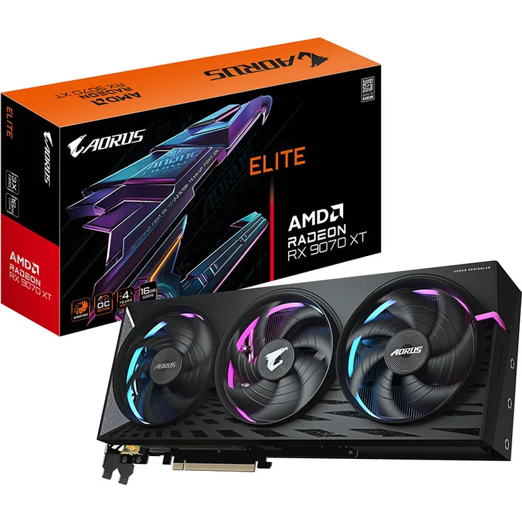 Gigabyte Radeon RX 9070 XT Aorus Elite 16 GB Grafikkarte mit PCIe 5.0, Triple-Slot-Heatpipe-Design