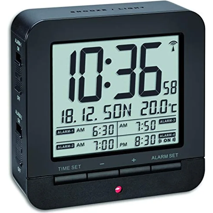 TFA Dostmann Funk-Wecker, mit 4 Weckzeiten,60.2536.01, Anzeige des Datums und Innentemperatur, 9,2 x 9,2 x 3,2 cm, schwarz, Kunstoff