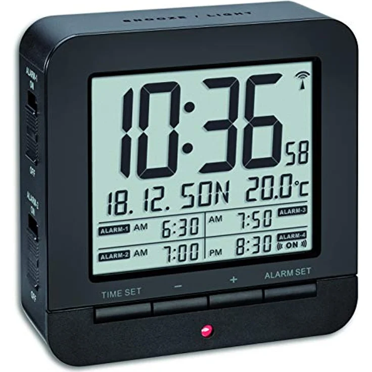 TFA Dostmann Funk-Wecker, mit 4 Weckzeiten,60.2536.01, Anzeige des Datums und Innentemperatur, 9,2 x 9,2 x 3,2 cm, schwarz, Kunstoff – Bild 1