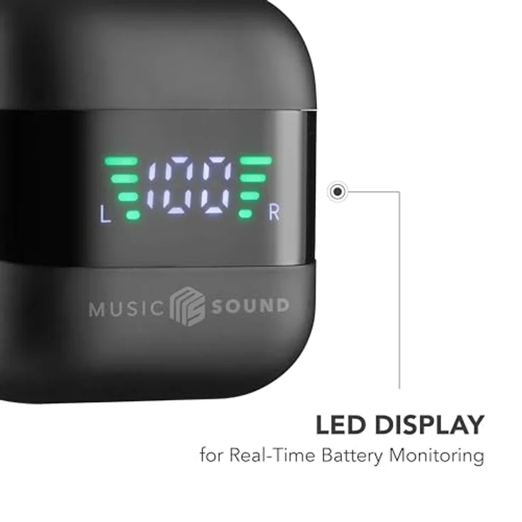Music Sound Spark TWS Kopfhörer, Bluetooth, Wireless, LED-Display, 30 Stunden Wiedergabe, automatisches Pairing, Touch-Steuerung, Schwarz – Bild 3