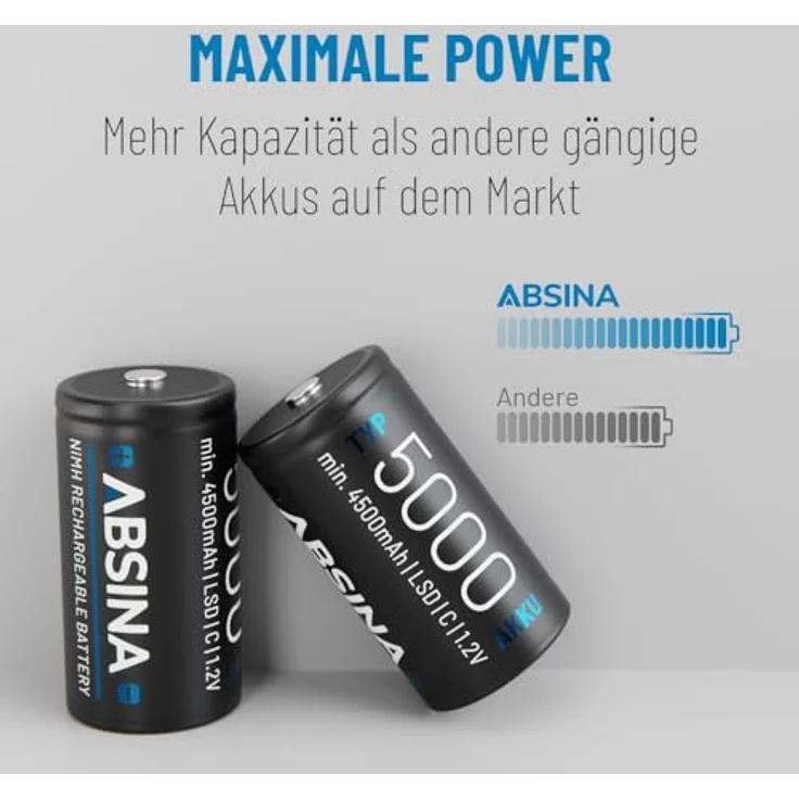 ABSINA 4X Batterien C Baby LR 14 wiederaufladbar 5000 mit geringer Selbstentladung - NiMH Akku mit min. 4500mAh & 1,2V - Baby C Akku, schwermetallfrei – Bild 5