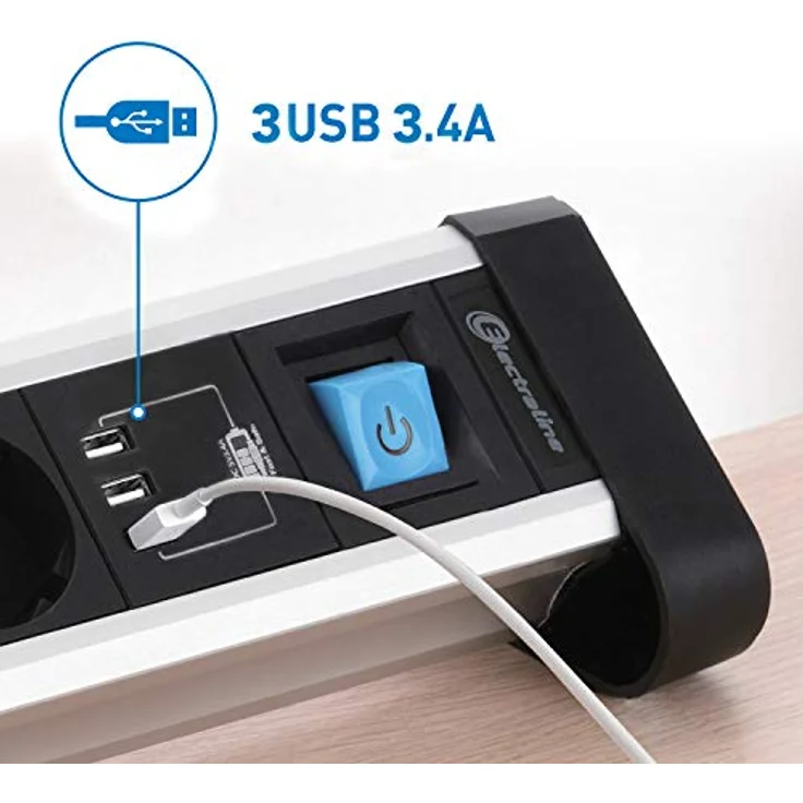Electraline 62559 Steckdosenleiste 3-Fach Alu für den Schreibtisch + 3 USB 3.4A, Kabel 2m / Mehrfachsteckdose/Tischsteckdose Steckerleiste, Schuko Stecker, Metal, Schwarz, 3 Fach + 3 USB – Bild 4