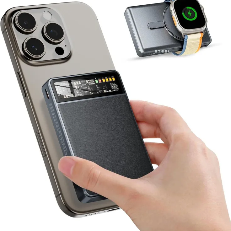 VIVITAR MagSafe Powerbank 10000mAh, Schnellladefunktion 20W USB-C PD, magnetisches kabelloses Ladegerät mit klappbarem Ständer und LED-Display