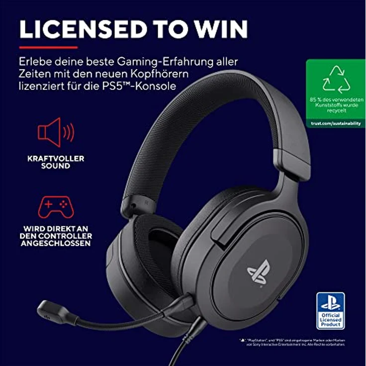 Trust Gaming Headset GXT 498 Forta Offiziell Lizenziert für Playstation 5, Nachhaltig, PS4 / PS5 Headset, 1,2 m Kabel, 50mm-Treiber, Abnehmbares Mikrofon, Verstellbare Over-Ear Kopfhörer, Schwarz – Bild 2