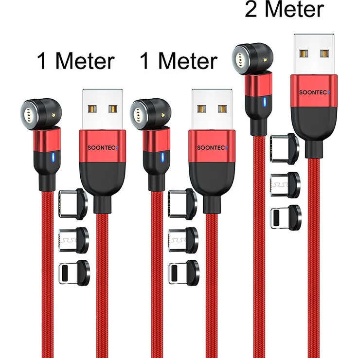 SOONTEC Magnet Ladekabel 3er Set, drehbar 360°/180° mit 3 Stecker (Micro USB/USB-C/Lightning), 3,0 A, Länge 2m+1m+1m, Rot