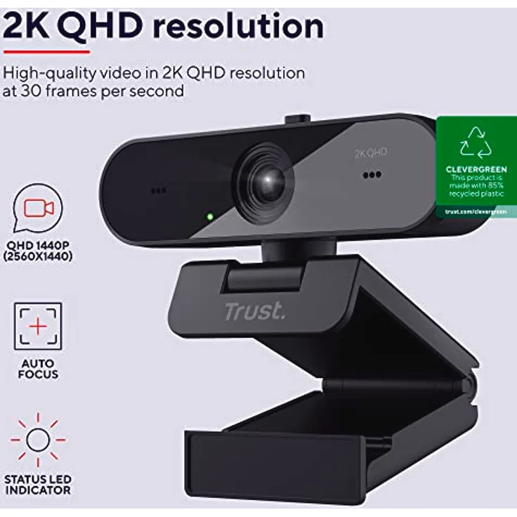Trust Taxon 2K QHD Webcam aus 85% Recycling-Kunststoff, 2560x1440p USB Kamera PC mit Abdeckung, Autofokus, Weitwinkel, 2 Mikrofone, Videokamera für Konferenzen, Videoanrufe, Skype, Teams, Zoom – Bild 2