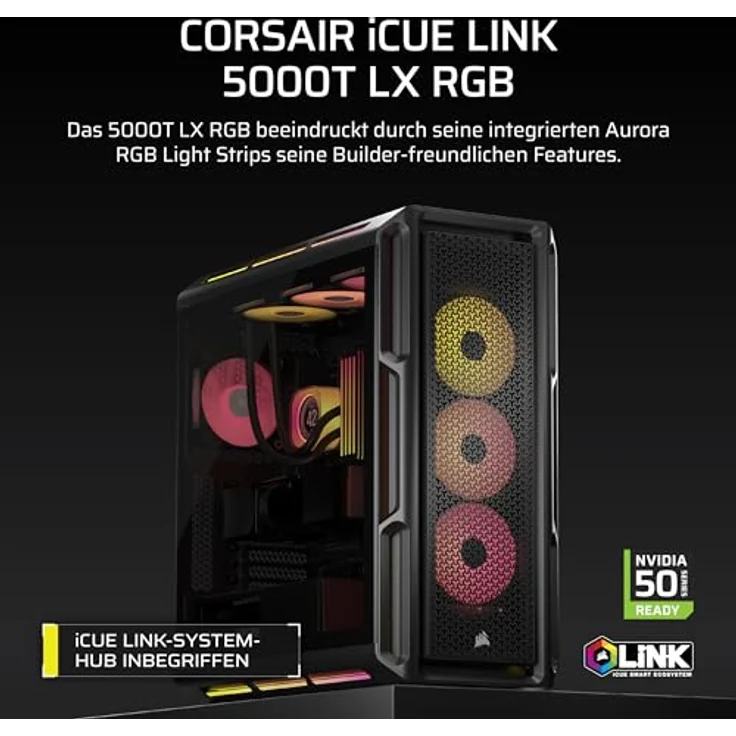 CORSAIR iCUE LINK 5000T LX RGB Mid-Tower ATX PC-Gehäuse – 3X Vorinstallierte LX120 RGB-Lüfter, Integriert Aurora RGB-Lichtstreifen, Geräumiges Interieur, iCUE LINK Inklusive Systemnabe – Schwarz – Bild 2