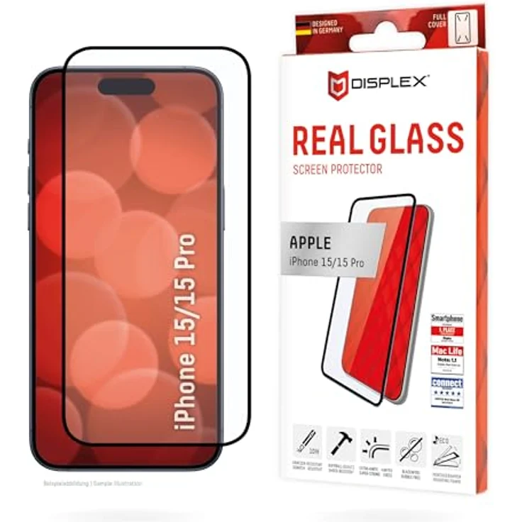 Displex Full Cover Panzerglas (10H) für Apple iPhone 15/15 Pro, vollständige Displayabdeckung, kratzresistent, hüllenfreundlich, Eco-Montagerahmen – Bild 1