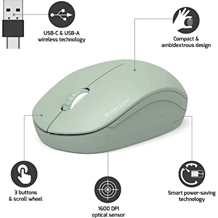 Port Designs Anschluss für kabellose Maus, PC, kabellos, 2,4 GHz, Kollektion 2 für Computer – optischer Sensor 1600 DPI – 3 Tasten – kompakt, beidhändig & leise, olivgrün – Bild 4