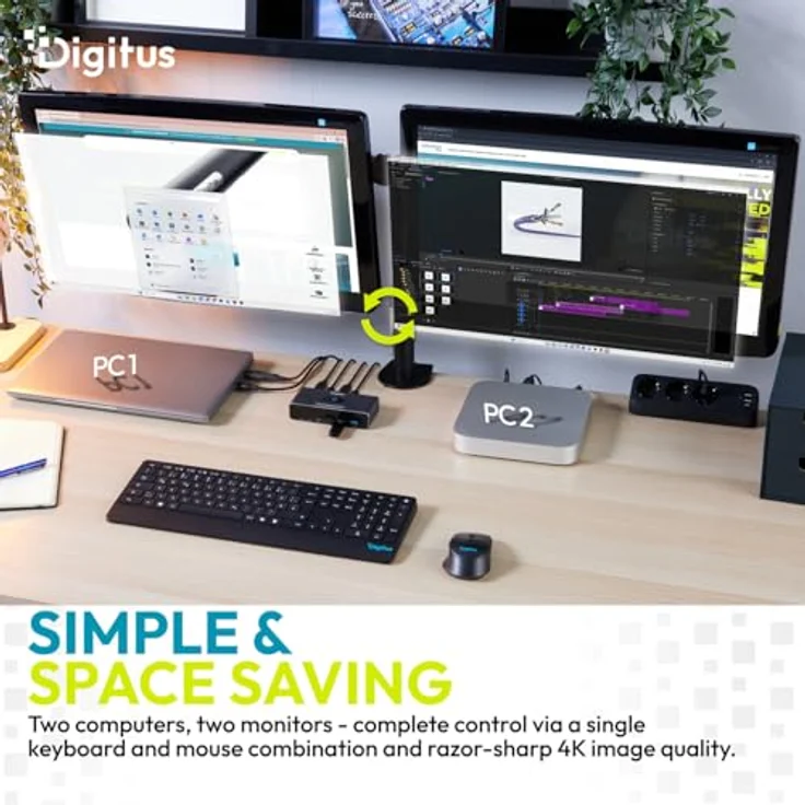 Digitus 2 Port KVM-Matrix-Switch, HDMI Fernbedienung, 4K@60Hz, USB-A und USB-C, für zwei Computer und zwei Monitore – Bild 2