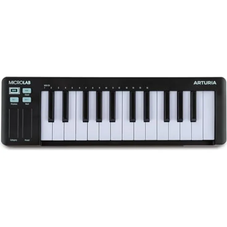 Arturia MicroLab mk3, kompaktes MIDI-Controller-Keyboard mit 25 anschlagsdynamischen Tasten, Dual Touch Strips, Akkordmodus und Sustain-Pedal-Input – Schwarz