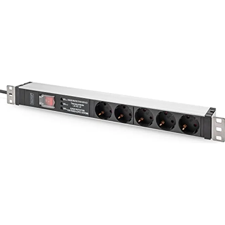 DIGITUS 1HE Aluminium PDU, Rack Mount, 5 x Schutzkontakt 16A,230VAC,50/60Hz,overvoltage,Net filter, Switch