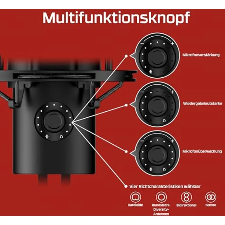 HP HyperX QuadCast 2, USB Mikrofon in Grau mit 24-Bit/96kHz Recording, Tap-to-Mute-Sensor und abnehmbaren Shock-Mount – Bild 9