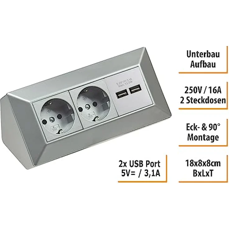 Steckdosenblock Ecksteckdose 2-Fach Schutzkontaktsteckdose 2X USB-A 3,1A Silber Grau – Bild 3