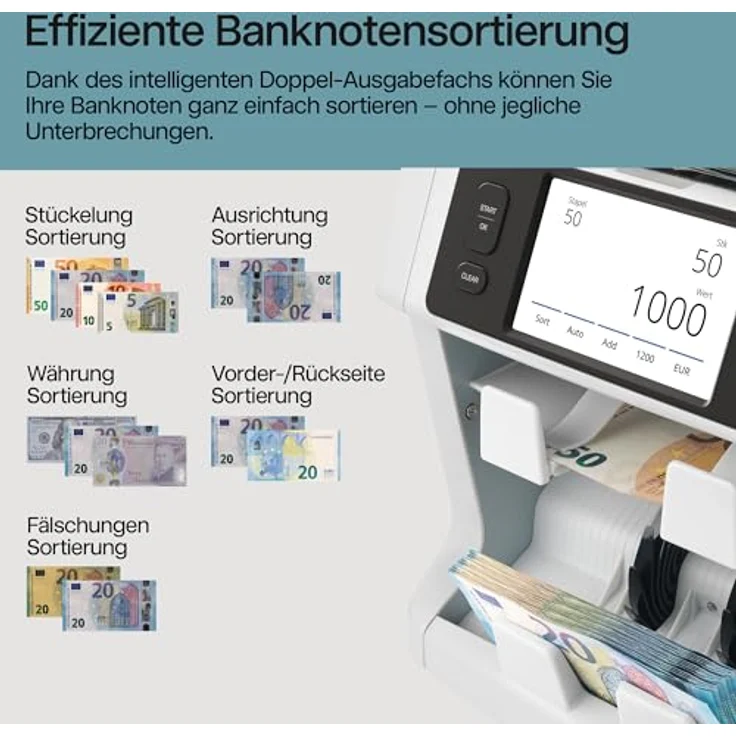 Safescan 2985-SC Geldzählmaschine, Wertzählung und Sortierung mit 10-facher Echtheitsprüfung, bis zu 1.200 Banknoten pro Minute, kostenloser Safescan-App – Bild 4
