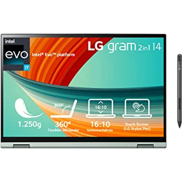 LG Gram 14T90R-G.AA77G 14 Zoll Ultralight 2-in-1 Convertible Notebook & Tablet - 1.250g Intel Core i7 (16GB RAM, 1TB SSD, 16:10 IPS LCD Display mit Pen Touch, Thunderbolt 4, Win 11 Home, Mirametrix) - Grün