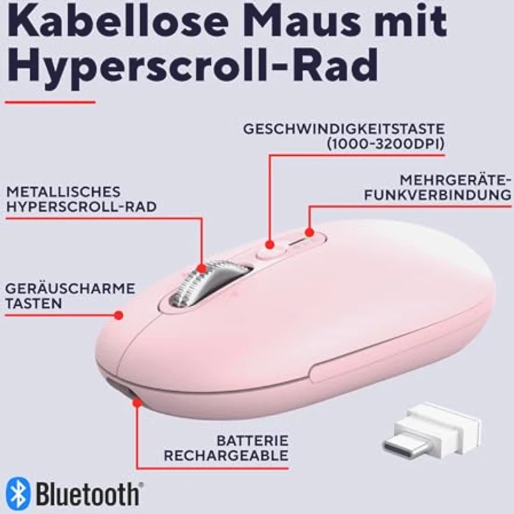 Trust Seron Kabellose Maus, Wiederaufladbar, Ultraschnelles Scrollrad, Bluetooth + 2.4GHz, Leise Tasten, 65% Recyclingkunststoff, Rosa – Bild 2