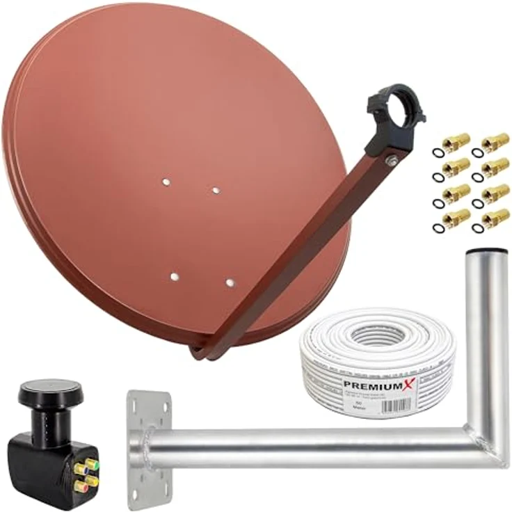 PremiumX SAT Anlage 80 cm Ziegelrote ALU Antenne mit Quad LNB, 50m Koaxialkabel und Wandhalterung – Bild 1