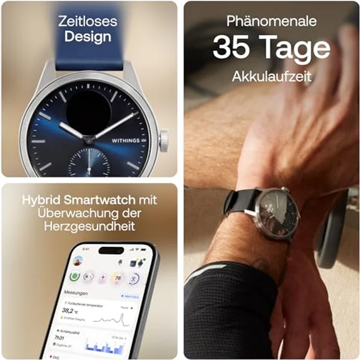 Withings ScanWatch 2, Gesundheits-Smartwatch mit EKG, SpO2, Temperatur- und Schlaf-Tracker, wasserdicht, Akku 30 Tage, Blue, 42mm – Bild 2