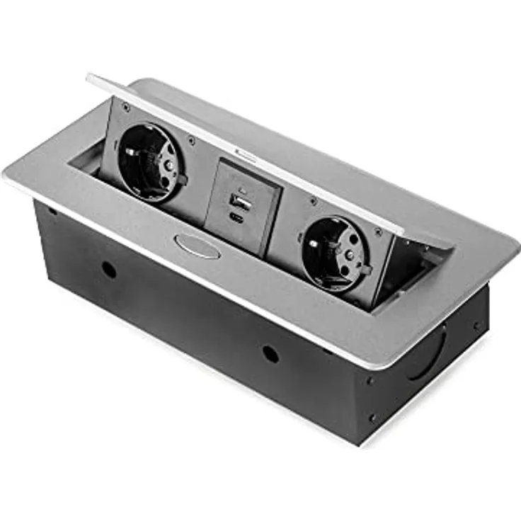 Emuca Tischsteckdosenleiste, Metallic-grau, 2x F-Typ Steckdosen, 2x USB-Anschlüsse, 265x120mm, inkl. 1,5m Kabel