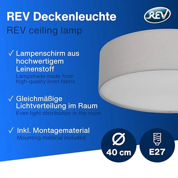REV Deckenleuchte - Deckenlampe rund 40cm mit Stoff-Lampenschirm im Vintage-Look, grau - ideal für Schlafzimmer & Wohnzimmer – Bild 2