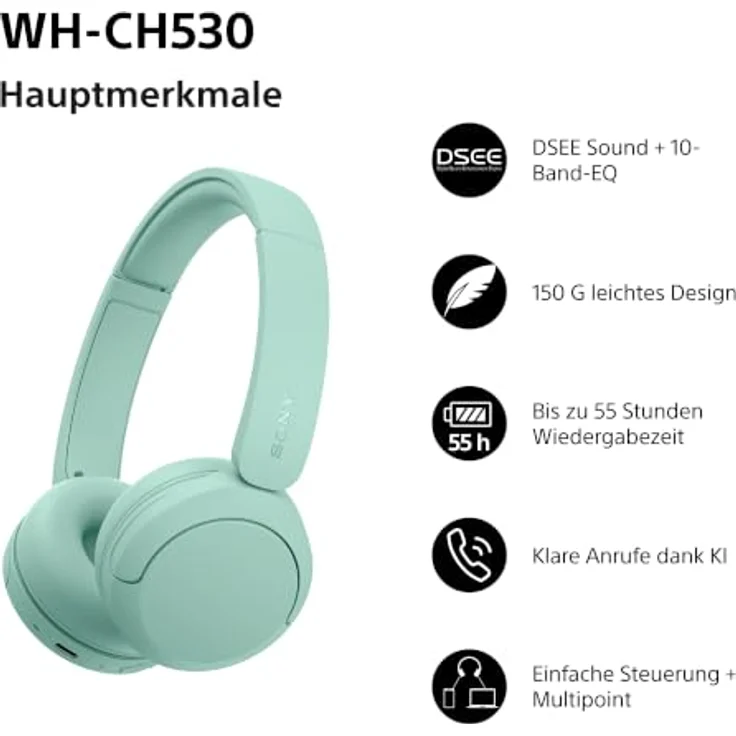 Sony WH-CH530, On-Ear Kopfhörer mit überzeugendem Sound, mint – Bild 2