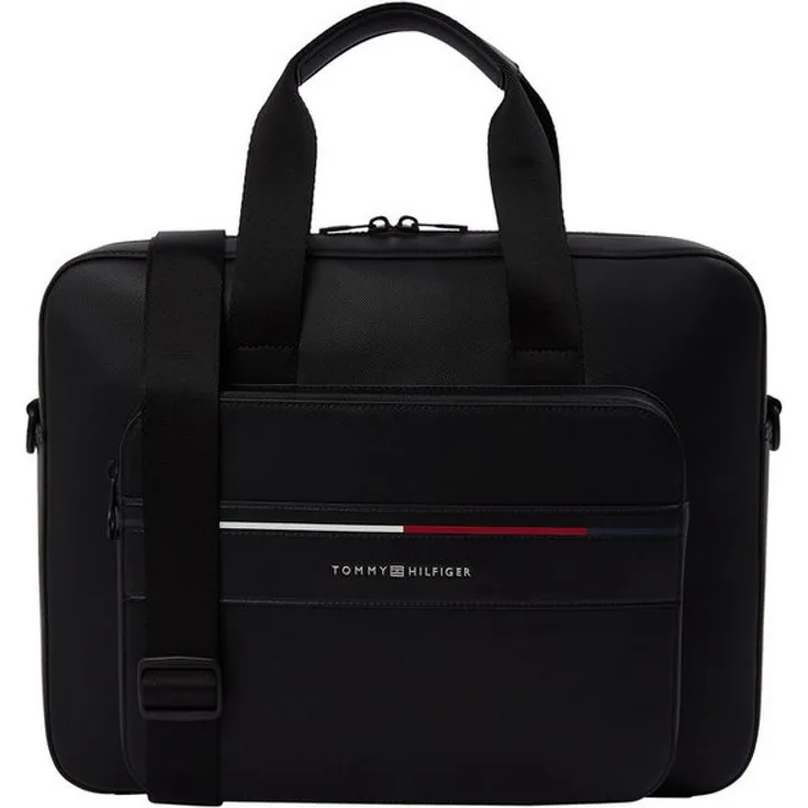 Tommy Hilfiger Laptoptasche TH FOUNDATION COMPUTER BAG, Unisex Geschäftstasche, Umhängetasche, Henkeltasche, schwarz mit farbigen Details