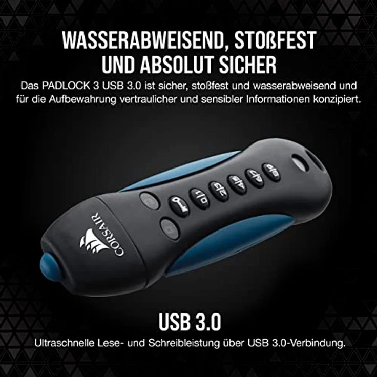 Corsair Flash Padlock 3, 128 GB Sicherer USB-3.0-Speicherstick mit Tastenfeld (256-Bit-AES-Hardwareverschlüsselung, anpassbare Ziffernidentifikation zum Sperren), Schwarz-Blau – Bild 3