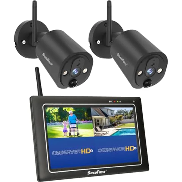 SecuFirst 2K Überwachungskamera Aussen mit Innen Monitor, 7" Sensorbildschirm NVR + 2X Outdoor Kamera Überwachung Babyphone Arbeiten ohne WLAN,AI Bewegungsmelder,64GB SD-Karte.Gegensprech, IP66 wetterfestes Metallgehäuse in Schwarz – Bild 1