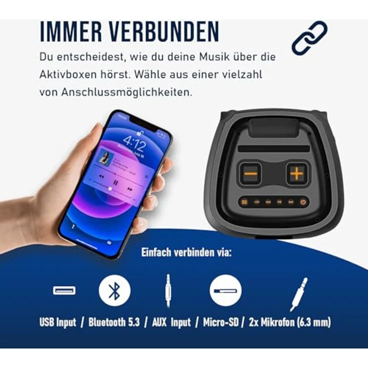 Fontastic Party Lautsprecher Zeal 1000, Bluetooth Lautsprecher mit USB-Wiedergabe, AUX, MicroSD und LED Effekten, Karaoke Box mit 2 Mikrofonen, Schwarz – Bild 4