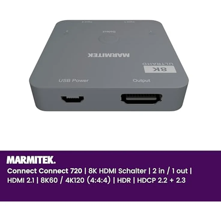 Marmitek 4K120 HDMI Switch 8K Connect 720 - HDMI 2.1 Switch - 4K 120Hz - HDR - 2 EIN / 1 aus - HDMI Schalter - 48Gbps - VRR - ALLM - QFT - QMS - Dolby Digital - Automatische Umschaltung, Schwarz – Bild 2
