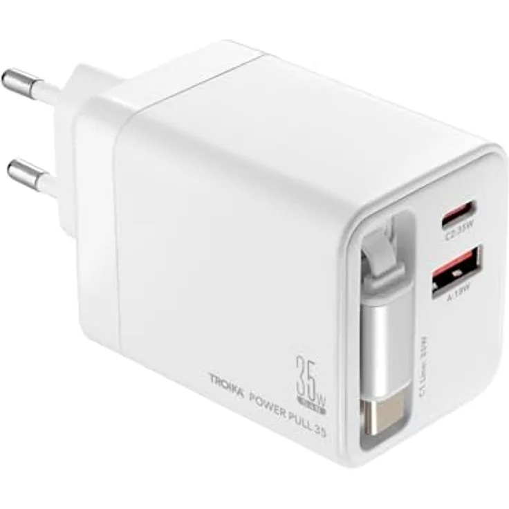 TROIKA Power Pull 35, Ladestecker mit Schnellladetechnologie, USB-C und USB-A Anschluss, ausziehbares 70 cm USB-C Kabel, weiß
