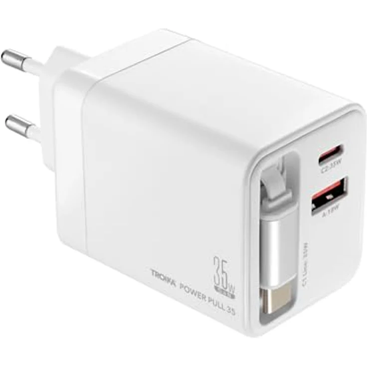 TROIKA Power Pull 35, Ladestecker mit Schnellladetechnologie, USB-C und USB-A Anschluss, ausziehbares 70 cm USB-C Kabel, weiß – Bild 1