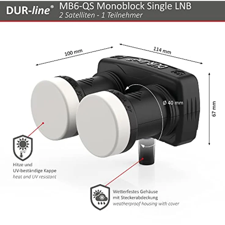 DUR-line 6° Monoblock Single LNB - Astra 19,2°E + Hotbird 13°E - 1 Teilnehmer & 2 Satelliten (MB6-US) - Doppel-LNC mit integriertem DiSEqC - Full HD, 4K, 8K, 3D - Wetterfest + Mobilfunk-Abschirmung – Bild 3