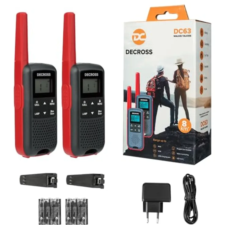 DC DECROSS Station Radio Portable PMR DC63, Tragbares 16-Kanal Funkgerät, Blau, 446MHz, 0,5W, IPx4, 1000mAh NiMH, Lot de 2 pièces