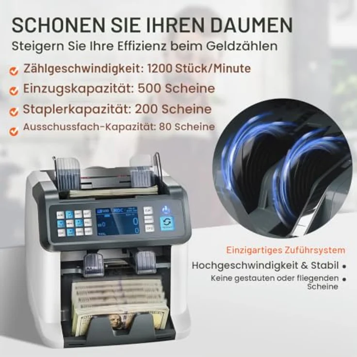 VEVOR Geldzählmaschine, Banknotenzähler mit gemischten Nennwerten, 1200 Banknoten/min, Falschgelderkennung (UV, IR, MG, DD, SN), mehrere Währungen, Druckeraktivierung, TFT-Bildschirm – Bild 4