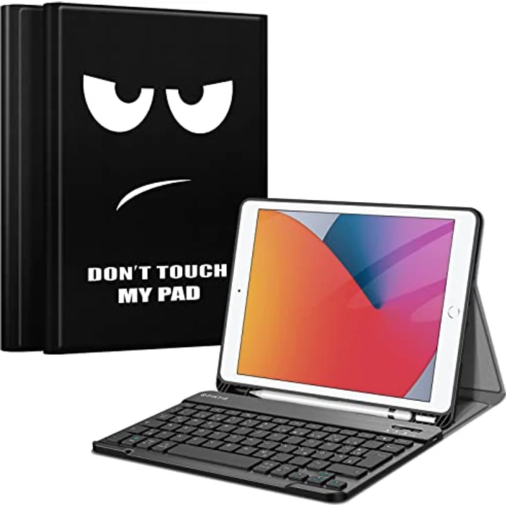 Fintie Tastatur Hülle für iPad 10.2 Zoll (9/8/ 7 Generation - 2021/2020/2019), Schutzhülle mit TPU Rückschale, Pencil Halter und magnetisch Abnehmbarer Tastatur mit QWERTZ Layout, Don't Touch, Schwarz – Bild 1