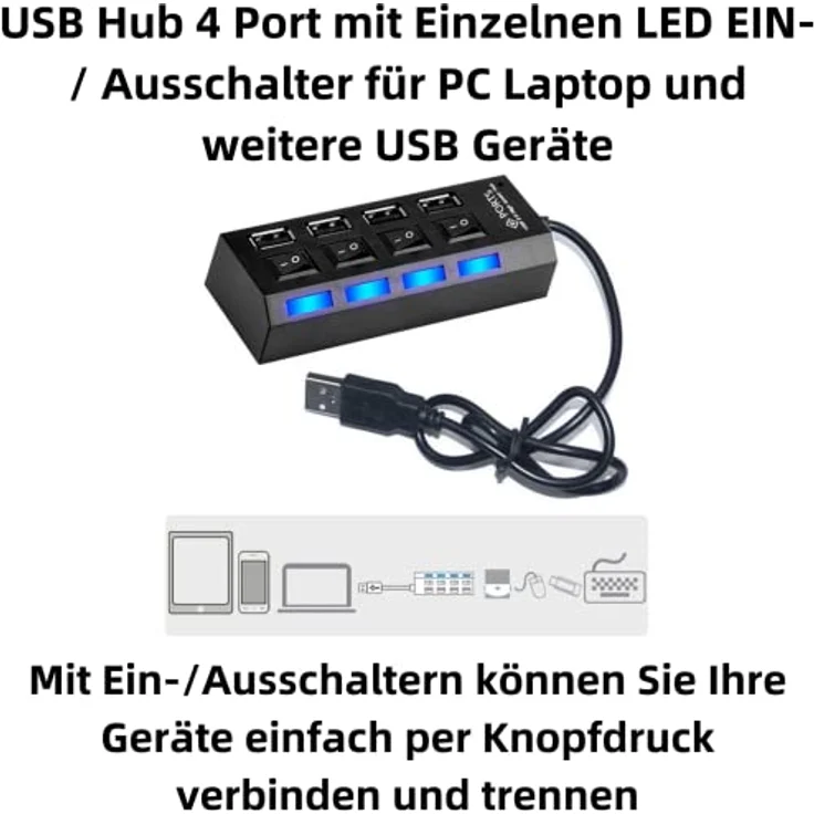 Aukson C18C USB Hub 4 Ports mit LED-Anzeige und Einzelschaltern, USB 2.0 Datenhub für PC und Laptop, 480 Mbps – Bild 2