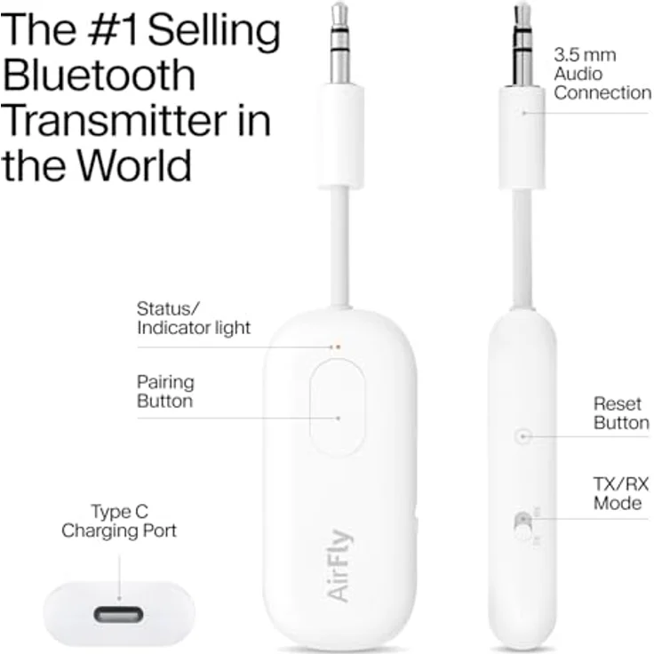 Twelve South AirFly Pro | Wireless Transmitter- Receiver With Audio Sharing for up to 2 Airpods-Wireless Headphones to Any Audio Jack for use ON Airplanes, Boats or in Gym, Home, Auto – Bild 3