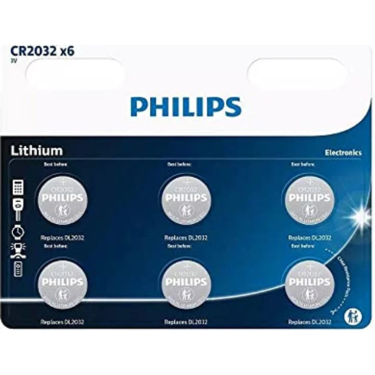 PHILIPS Lithium-Knopfzellen CR2032/DL2032, 3,0 V, 210 mAh, 6 Stück – Bild 1