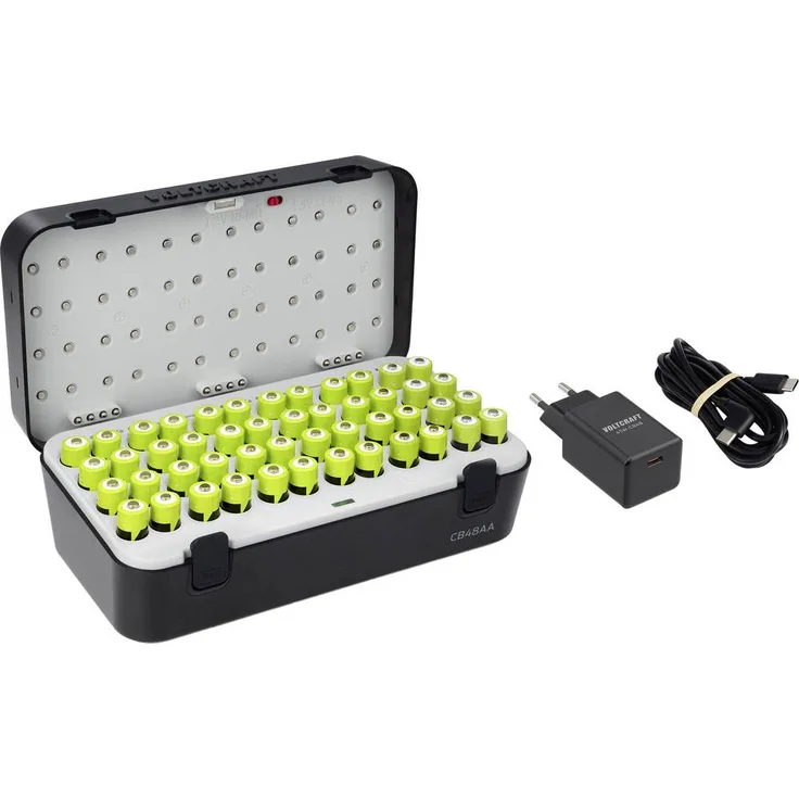 VOLTCRAFT CB48AA Set, Ladegerät-Box mit 48x NiMH Mignon (AA) Akkus 2400 mAh 1.2V, inklusive USB-C®-Ladekabel